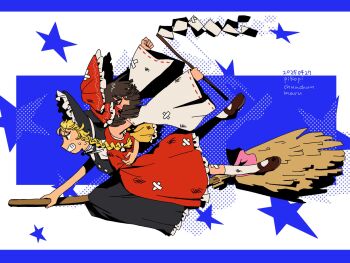 Rule 34 | > <, 2girls, ascot, bandaid, bandaid on knee, bandaid on leg, bare shoulders, black hair, black hat, black skirt, blonde hair, bow, braid, braided sidelock, broom, broom riding, bruise, carrying, carrying person, clenched teeth, closed eyes, crossed bandaids, dated, detached sleeves, frilled ascot, frilled bow, frilled skirt, frills, full body, gohei, hair bow, hair tubes, hakurei reimu, hat, highres, holding, holding gohei, injury, kirisame marisa, looking to the side, mary janes, multiple girls, nontraditional miko, otomamayama, red bow, red shirt, red skirt, ribbon-trimmed sleeves, ribbon trim, shirt, shoes, short hair, skirt, sleeveless, sleeveless shirt, socks, teeth, touhou, white socks, witch hat, yellow ascot