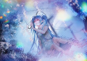 1girl black_goats blue_eyes blue_hair collared_dress dress from_above grass hair_ornament hair_over_shoulder hatsune_miku highres holding holding_umbrella light_rays long_hair looking_afar outdoors parted_lips pebble puddle rain reflection short_sleeves solo standing tree twintails umbrella vocaloid white_dress white_umbrella worried