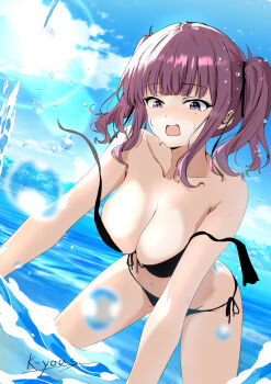1girl all_fours artist_name bikini black_bikini blue_sky blush breasts cleavage commentary_request day dutch_angle front-tie_bikini_top front-tie_top highres imminent_exposure k-yous large_breasts looking_at_viewer medium_hair mole mole_under_eye natsuki_karin navel nose_blush ocean open_mouth outdoors purple_eyes purple_hair side-tie_bikini_bottom signature sky solo stomach string_bikini sweat swimsuit synthesizer_v twintails variant_set wardrobe_malfunction water water_drop