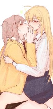 2girls black_skirt blonde_hair closed_eyes collared_shirt copyright_request food highres jacket multiple_girls pink_hair pocky pocky_kiss red_eyes school_uniform sedolsaranghae shared_food shirt simple_background sitting sitting_on_lap sitting_on_person skirt twintails white_background white_shirt yellow_jacket yuri