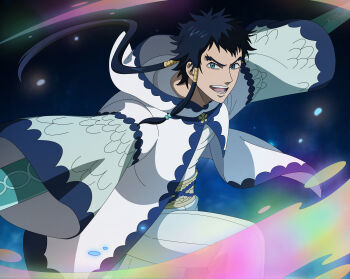 Rule 34 | 1boy, absurdres, black clover, black clover m: rise of the wizard king, blue eyes, blue hair, grey pants, highres, kiato (black clover), long hair, looking at viewer, non-web source, official art, open clothes, open mouth, open robe, pants, ponytail, robe, shirt, solo, teeth, white robe, white shirt