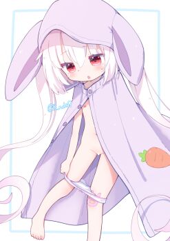 1girl animal_ears bandaid bandaid_on_leg bar_censor barefoot bow bow_panties censored commission flat_chest flower_knight_girl hood hood_up loli long_hair looking_at_viewer navel nipples open_mouth panties panty_pull rabbit_ears red_eyes skeb_commission solo toes twintails underwear usagigoke_(flower_knight_girl) white_hair white_panties wrap_towel x_noki9
