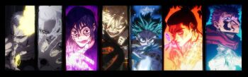 6+boys all_for_one_(boku_no_hero_academia) bakugou_katsuki black_eyes black_gloves black_hair blonde_hair blood blood_on_face boku_no_hero_academia closed_mouth gloves green_eyes green_hair hair_bun heterochromia highres itadori_yuuji jujutsu_kaisen long_hair mahito_(jujutsu_kaisen) medium_hair midoriya_izuku multicolored_eyes multiple_boys open_mouth patchwork_skin pink_hair purple_eyes red_eyes scar scar_on_face shigaraki_tomura short_hair single_hair_bun stitched sweat sweatdrop teeth third-party_edit tongue tongue_out toudou_aoi_(jujutsu_kaisen) white_gloves white_hair