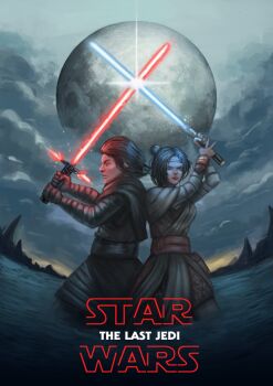Rule 34 | 1boy, 1girl, back-to-back, bandana, belt, black eyes, black hair, blue eyes, cloak, cloud, crossed swords, crossguard lightsaber, energy sword, expressionless, gloves, hood, hooded cloak, island, jedi, kylo ren, lightsaber, looking at viewer, mask, moon, mountain, ocean, planet, realistic, rey (star wars), science fiction, serious, sith, size difference, spoilers, star wars, star wars: the last jedi, sword, uniform, unworn mask, water, weapon
