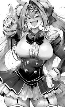 1girl absurdres animal_ears bow bowtie cowboy_shot daiwa_scarlet_(umamusume) epaulettes fang framed_breasts frilled_skirt frills hair_intakes hand_on_own_hip highres horse_ears horse_girl horse_tail index_finger_raised long_hair looking_at_viewer monochrome niwarhythm skin_fang skirt smile solo sweat tail tiara twintails umamusume underbust very_long_hair