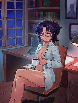 1girl absurdres black-framed_eyewear book bookshelf bottomless breasts chair character_request commentary commission copyright_request crossed_legs cup desk desk_lamp english_commentary frown glasses highres holding holding_cup indoors lamp long_sleeves looking_at_viewer medium_breasts medium_hair mole mole_under_eye naked_shirt navel night office_chair open_clothes open_shirt ponytail purple_eyes purple_hair ringed_eyes round_eyewear shirt solo swivel_chair watcher_hollow white_shirt window wing_collar