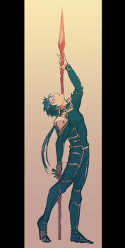 Rule 34 | 1boy, absurdres, armor, blue bodysuit, blue hair, bodysuit, commentary request, cu chulainn (fate), earrings, fate (series), full body, gae bolg (fate), highres, jewelry, long hair, male focus, pillarboxed, shoulder armor, solo, standing, symbolism, tkc (tkoshinchan)