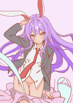 1girl animal_ears blazer breasts buttons ghost hand_on_own_head hand_up hat highres jacket long_hair long_sleeves looking_at_viewer necktie no_panties object_on_head panties panties_on_head pink_background pink_panties pink_skirt purple_hair pussy rabbit_ears red_eyes red_hat red_necktie reisen_udongein_inaba shirt simple_background skirt soara_shimomo touhou underwear undressing_another unworn_panties white_shirt