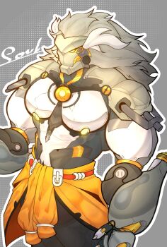 1boy banyue_(zenless_zone_zero) claws clothes_around_waist earrings grey_hair highres jewelry long_hair male_focus multicolored_hair muscular muscular_male robot_boy s0ul_strucks3an signature white_hair zenless_zone_zero