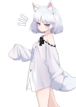 1girl absurdres animal_ear_fluff animal_ears arm_at_side black_bow black_bowtie blush bow bowtie breasts bright_pupils closed_mouth commentary_request commission cowboy_shot expressionless grey_eyes hand_up highres long_hair long_shirt looking_at_viewer looking_to_the_side naked_shirt notice_lines off-shoulder_shirt off_shoulder oldsickkim original oversized_clothes oversized_shirt parted_bangs shirt short_hair simple_background sleeves_past_fingers sleeves_past_wrists small_breasts solo standing star-shaped_pupils star_(symbol) symbol-shaped_pupils tail turning_head white_background white_hair white_pupils white_shirt white_tail