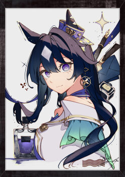 1girl animal_ears bare_shoulders blue_eyes blue_hair bottle breasts closed_mouth commentary_request cropped_torso ear_covers from_side hair_between_eyes highres horse_ears horse_girl jacket long_hair looking_at_viewer mole mole_under_eye perfume_bottle shikahisa_totani single_ear_cover smile solo umamusume verxina_(le_beau_sommet)_(umamusume) verxina_(umamusume) white_jacket