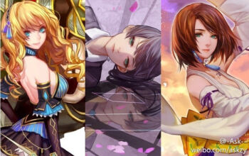 Rule 34 | ask (askzy), bare shoulders, black skirt, blonde hair, blue eyes, breasts, curly hair, falling petals, green eyes, long hair, long sleeves, multiple girls, original, petals, skirt