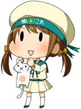 Rule 34 | 1girl, :d, animal, bad source, batsubyou, black eyes, black footwear, blue ribbon, bow, brown hair, cat, chibi, commentary request, error musume, full body, girl holding a cat (kancolle), hair bow, hat, holding, holding animal, holding cat, kantai collection, kneehighs, legs apart, long hair, long sleeves, lowres, maso (ascii art), miniskirt, no nose, open mouth, pleated skirt, ribbon, shirt, shoes, shoshinsha mark, simple background, skirt, smile, socks, solid oval eyes, standing, twintails, v-shaped eyebrows, white background, white cat, white socks, x mouth, yellow bow, yellow hat, yellow shirt, yellow skirt