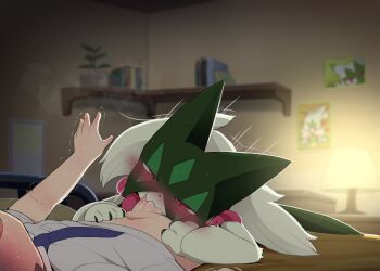 1boy 1girl age_difference blush cat_girl dagasi fellatio florian_(pokemon) furry furry_female furry_with_non-furry gen_9_pokemon green_fur hetero highres indoors interspecies lying meowscarada motion_lines nintendo on_back onee-shota oral penis pokemon pokemon_(creature) pokemon_sv pokephilia shota speed_lines trembling uncensored uva_academy_school_uniform