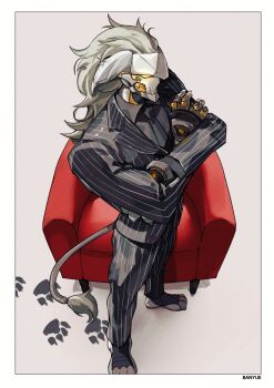 1boy alternate_costume amaneryuusei armchair artificial_eye banyue_(zenless_zone_zero) barefoot black_necktie black_shirt black_suit border chair character_name clothed_robot commentary_request crossed_arms footprints formal_clothes from_above glowing glowing_eyes grey_background grey_hair grey_tail highres humanoid_robot long_hair male_focus mechanical_eye mechanical_hands mechanical_tail necktie paw_print robot robot_boy shirt solo striped_suit suit tail white_border yellow_eyes zenless_zone_zero
