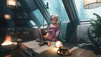 1girl absurdres ahoge artist_name bare_shoulders black_choker black_thighhighs breasts choker closed_eyes closed_mouth commission couch cup dress drinking_glass feet fire fireplace full_body glass grey_hair highres indoors knee_up lamp long_hair long_sleeves medium_breasts mr_ito no_shoes off-shoulder_sweater off_shoulder on_couch original plant potted_plant purple_dress purple_sweater sitting sleeping sleeves_past_wrists soles solo sweater sweater_dress table thighhighs toes tray twintails window zettai_ryouiki