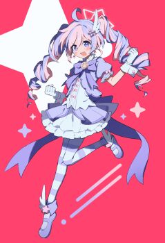 1girl absurdres ahoge blue_archive bow bowtie commentary_request drill_hair full_body gloves hair_ornament halo highres long_hair magical_girl melvi0 multicolored_hair open_mouth pantyhose pink_hair puffy_short_sleeves puffy_sleeves purple_bow purple_bowtie purple_eyes purple_hair purple_shoes red_background reisa_(blue_archive) reisa_(magical)_(blue_archive) shoes short_sleeves simple_background solo star_(symbol) star_hair_ornament star_halo striped_clothes striped_pantyhose twin_drills twintails two-tone_hair white_gloves wing_hair_ornament