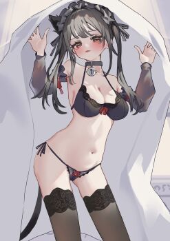 1girl absurdres animal_ears bed_sheet bell black_bra black_choker black_hair black_panties black_thighhighs blush bow bow_bra bow_panties bra breasts cat_ears cat_tail choker clock_eyes commentary_request detached_sleeves heterochromia highres holding holding_sheet lace lace-trimmed_bra lace-trimmed_panties lace-trimmed_thighhighs lace_trim leaning_forward long_hair looking_at_viewer m-chai maid_headdress medium_breasts navel neck_bell orange_eyes panties parted_lips pink_eyes red_bow side-tie_panties solo standing string_panties symbol-shaped_pupils tail thighhighs tokisaki_kurumi underwear underwear_only