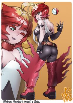 1girl ass bare_shoulders belt black_bodysuit black_lips bob_cut bodysuit boots character_name collar detached_sleeves freckles green_eyes hand_on_own_hip loose_belt mela_(pokemon) neone nintendo orange_belt orange_collar poke_ball poke_ball_(basic) pokemon pokemon_sv red_footwear red_hair short_hair sleeveless thigh_boots throwing throwing_poke_ball