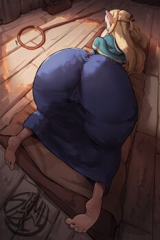 1girl 2024 artist_name ass ass_focus barefoot blonde_hair blue_robe braid cameltoe commentary dress dungeon_meshi elf english_commentary feet female_focus futon hair_spread_out highres hip_focus hood hood_down huge_ass indoors long_hair lying marcille_donato on_floor pillow pointy_ears robe see-through_clothes see-through_dress see-through_silhouette skin_tight slimybuttcheeks soles solo source_request staff thick_thighs thighs toes top-down_bottom-up twin_braids wide_hips wooden_floor
