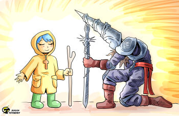 1girl absurdres armor artist_name blasphemous blue_hair boots brown_footwear brown_gloves closed_eyes commentary cross dated english_commentary gloves green_footwear highres holding holding_sword holding_weapon jubilee_2025 kneeling luce_(jubilee_2025) olive_branch penitent_one raincoat rosary rubber_boots smile staff standing sword tuteheavy weapon yellow_raincoat