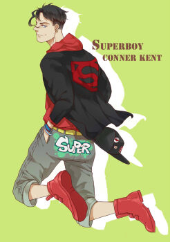 1boy animification black_hair blue_eyes casual dc_comics green_background hands_in_pockets highres hood hoodie jacket male_focus owlkkk red_shoes shoes sneakers solo superboy young_justice
