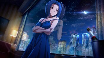 1girl ahoge blue_dress blue_hair breasts city cleavage closed_mouth commentary_request crescent_moon cup dress drinking_glass game_cg idolmaster idolmaster_(classic) idolmaster_million_live! idolmaster_million_live!_theater_days indoors lips looking_to_the_side miura_azusa moon night official_art purple_eyes short_hair sky solo standing star_(sky) starry_sky third-party_source window wine_glass
