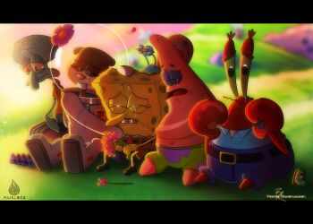 1girl blurry blurry_background crying everyone fairloke flower gary_(spongebob) grass highres jellyfish mr._krabs multiple_boys nickelodeon patrick_star plankton_(spongebob) sad sandy_cheeks spongebob_squarepants spongebob_squarepants_(series) squidward_tentacles tears