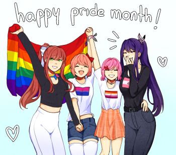 ! belt bisexual_flag black_shirt blue_background blue_hair blue_pants bow choker closed_eyes crop_top denim denim_shorts doki_doki_literature_club english_text flag gradient_background green_eyes hair_bow hair_ornament hairclip heart high-waist_pants holding holding_flag holding_hands lesbian_flag lgbt_pride long_hair long_sleeves midriff monika_(doki_doki_literature_club) natsuki_(doki_doki_literature_club) non-web_source open_mouth orange_skirt pants pink_hair ponytail rainbow_flag red_bow red_hair sayori_(doki_doki_literature_club) shashu shirt shirt_tucked_in short_hair shorts skirt smile teeth thighhighs upper_teeth_only white_background white_bow white_pants white_shirt white_thighhighs yuri_(doki_doki_literature_club)