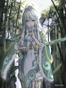 1girl bamboo bamboo_forest chinese_clothes chinese_commentary commentary_request dress finger_to_mouth forest fur_trim genshin_impact green_eyes hair_ornament high_ponytail highres holding holding_sword holding_weapon index_finger_raised long_hair looking_at_viewer miyoushe_watermark nature ponytail shushing solo sword thighhighs watermark weapon white_dress white_hair white_thighhighs yellow_eyes zibai_(genshin_impact)