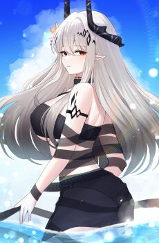 1girl arknights black_horns black_sarong breasts commentary cowboy_shot day grey_hair hair_between_eyes highres horns hyeroin infection_monitor_(arknights) large_breasts lens_flare light_particles long_hair looking_at_viewer material_growth mudrock_(arknights) mudrock_(silent_night)_(arknights) official_alternate_costume oripathy_lesion_(arknights) outdoors parted_lips pointy_ears red_eyes sarong see-through_clothes see-through_sarong smile solo standing wading water