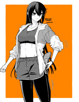1girl alternate_costume breasts closed_mouth commentary dated greyscale greyscale_with_colored_background hair_between_eyes highres jacket kantai_collection large_breasts leg_up leggings long_hair machi_(ritovoyage) midriff monochrome nagato_(kancolle) open_clothes open_jacket shoes shorts solo sports_bra stretching twitter_username very_long_hair