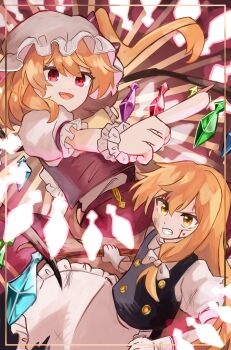 2girls absurdres ascot blonde_hair bow crystal crystal_wings fang flandre_scarlet frills hair_between_eyes hat hat_ribbon highres kirisame_marisa long_hair looking_at_viewer marione mob_cap multiple_girls no_headwear open_mouth pointing puffy_short_sleeves puffy_sleeves red_eyes red_vest ribbon shirt short_hair short_sleeves side_ponytail skirt skirt_set smile touhou vest white_shirt wings wrist_cuffs yellow_ascot yellow_eyes