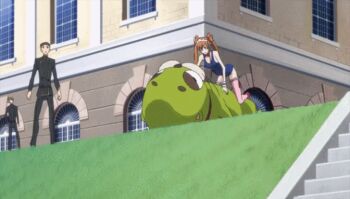 2girls animated animated_gif bare_shoulders blush breasts brown_hair bubble cleavage code_geass dust female_focus grass hair_ribbon long_hair lying maid multiple_girls ribbon shirley_fenette twintails