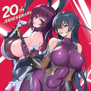 2girls anniversary artist_request bare_shoulders bodysuit breasts covered_navel elbow_gloves gloves hair_ribbon holding holding_sword holding_weapon huge_breasts igawa_asagi impossible_bodysuit impossible_clothes impossible_leotard large_breasts leotard lilith-soft long_hair looking_at_viewer mature_female mizuki_shiranui multiple_girls purple_bodysuit ribbon shiny_clothes shiny_skin simple_background sword taimanin_(series) taimanin_asagi taimanin_yukikaze weapon