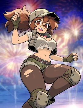 1girl belt breasts brown_hair cleavage criticalpixels crop_top cropped_jacket fingerless_gloves fio_germi fireworks glasses gloves hat large_breasts long_hair metal_slug midriff pantyhose ponytail short_sleeves shorts teeth torn_clothes upper_teeth_only