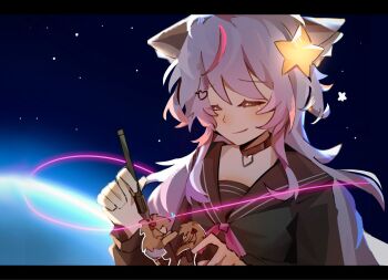 3girls animal_ear_fluff animal_ears annytf black_collar black_sailor_collar bow bowtie brown_hair collar evil_neuro-sama fox_ears hair_ornament heart heart_hair_ornament highres holding holding_pencil indie_virtual_youtuber long_hair multicolored_hair multiple_girls neuro-sama pencil pink_bow pink_bowtie pink_hair po7a7o sailor_collar smile space star_(symbol) star_hair_ornament streaked_hair upper_body vedal987 vedal_ai virtual_youtuber white_hair