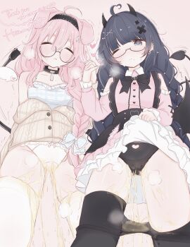 2girls ahoge animal_ears black-framed_eyewear black_bow black_bowtie black_collar black_hairband black_panties black_pantyhose black_skirt black_wings blue_bow blue_camisole blush bow bow_panties bowtie braid brown_cardigan camisole cardigan cardigan_partially_removed character_request closed_eyes clothes_lift clothes_pull clothing_cutout collar collared_shirt commentary_request commission copyright_request crotch_seam demon_girl demon_tail demon_wings dog_ears droopy_ears frilled_bow frilled_camisole frilled_panties frills gloves grey_eyes grey_hair hair_between_eyes hair_bow hair_ornament hairband hanamari_(siii_siii15) heart heart-shaped_pupils heart_ahoge heart_cutout heart_hair_ornament highres holding_hands interlocked_fingers layered_skirt lifting_own_clothes long_bangs long_hair long_sleeves low-braided_long_hair low-tied_long_hair multicolored_skirt multiple_girls no_pants one_eye_closed panties pantyhose pantyhose_pull parted_lips partially_unbuttoned pee pee_stain peeing peeing_self peeing_together petticoat pink_background pink_hair pink_shirt round_eyewear shirt simple_background single_braid skeb_commission skirt skirt_lift small_horns stained_panties standing steaming_body symbol-shaped_pupils tail thank_you thighhighs underwear very_long_hair white_panties white_thighhighs wings x_hair_ornament