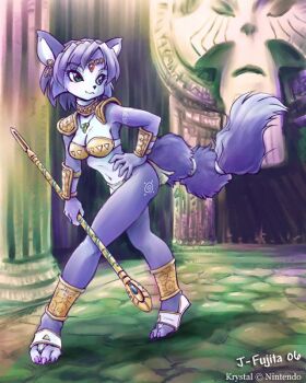 animal_ears armor blue_hair breasts cleavage earrings fox furry green_eyes j-fujita jewelry krystal midriff navel nintendo rareware scepter star_fox star_fox_adventure tail tattoo