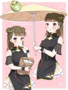 1girl above-cleavage_cutout bag bare_shoulders belt black_shirt blush border braid breasts brown_hair butterfly_hair_ornament center-flap_bangs chinese_clothes clothing_cutout commentary double_bun eating frilled_skirt frills gonzales_(love_live!) hair_bun hair_extensions hair_ornament half_updo hasu_no_sora_pop_up_shop_china_collection highres holding holding_bag kachimachi_kosuzu katanashi_(ktnsh_popu) link!_like!_love_live! long_hair looking_at_viewer love_live! miniskirt motion_lines multiple_views notice_lines official_alternate_costume on_umbrella open_mouth outside_border paper_bag pink_background pink_eyes ring_hair_extensions shirt side_up_bun simple_background skirt sleeveless sleeveless_shirt small_breasts sweatdrop tassel twin_braids virtual_youtuber white_border white_skirt