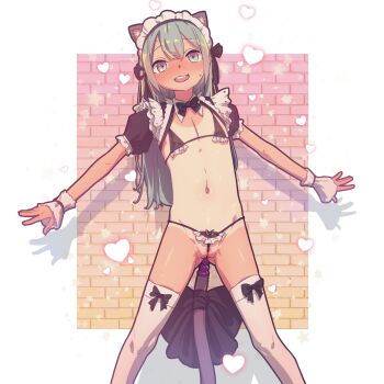 1girl anal_beads anal_tail animal_ears aqua_hair bikini black_bow black_bowtie blush bow bowtie butt_plug cat_ears cleft_of_venus fake_tail female_focus frontal_wedgie hair_bow heart highres legs_apart loli long_hair looking_at_viewer maid maid_bikini maid_headdress micro_bikini multicolored_eyes navel one-piece_tan original puffy_short_sleeves puffy_sleeves pussy pussy_peek sex_toy shadow short_sleeves solo standing stomach string_bikini sweat swimsuit tail tan tanline thighhighs two-tone_eyes unconventional_maid wedgie white_thighhighs wrist_cuffs yamada_(gotyui)