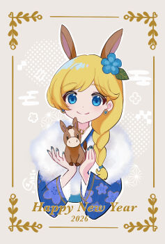 1girl 2026 animal_ears aqua_nails blonde_hair blue_eyes blue_flower blush braid chinese_zodiac closed_mouth commentary_request cropped_torso dot_nose earrings english_text eyelashes fingernails floral_print flower fur_trim grey_background hair_flower hair_ornament happy_new_year highres holding horse_ears horse_girl jewelry leaf long_hair long_sleeves nail_polish new_year original outline saki_pokeoekaki single_braid smile solo split_mouth white_outline year_of_the_horse