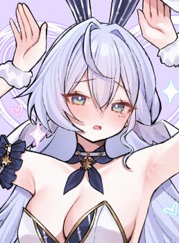 1girl alternate_costume animal_ears armpits bare_shoulders blue_hair blush breasts bright_pupils cleavage commentary cropped fake_animal_ears frilled_arm_strap green_eyes hair_between_eyes hands_up head_wings heart highres honkai:_star_rail honkai_(series) large_breasts long_hair looking_at_viewer miclipse open_mouth purple_background rabbit_ears rabbit_pose robin_(honkai:_star_rail) simple_background solo upper_body white_pupils white_wings wings