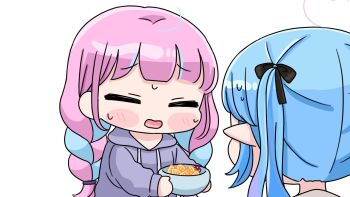 2girls ahoge black_bow blue_hair blush_stickers bow bowl braid chibi closed_eyes drawstring food grey_hoodie hair_bow heart heart_ahoge highres holding holding_bowl hololive hood hood_down hoodie long_hair long_sleeves low_twintails minato_aqua mochimiko multicolored_hair multiple_girls open_mouth pink_hair pointy_ears puffy_long_sleeves puffy_sleeves purple_hair simple_background streaked_hair sweat twin_braids twintails very_long_hair virtual_youtuber wavy_mouth white_background yukihana_lamy