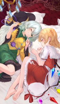 2girls absurdres bad_link bed black_hat blonde_hair bow buttons closed_eyes closed_mouth collared_shirt commentary diamond_button finger_to_mouth flandre_scarlet floral_print frilled_shirt_collar frilled_sleeves frills green_eyes green_hair green_nails green_skirt grin hat hat_bow hat_ribbon highres incredibly_absurdres komeiji_koishi long_hair long_sleeves looking_at_viewer lying mob_cap multiple_girls on_side one_eye_closed one_side_up pillow puffy_short_sleeves puffy_sleeves r_utchi red_bow red_nails red_ribbon red_skirt red_vest ribbon rose_print shirt short_sleeves shushing skirt sleeping smile third_eye touhou unworn_hat unworn_headwear vest white_hat white_shirt wings yellow_bow yellow_ribbon yellow_shirt