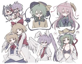 6+girls :d :o animal_ears black_bra black_hair blonde_hair blue_bow blue_bowtie blue_dress blue_eyes blush bow bowtie bra bright_pupils cat_ears cat_tail chibi closed_mouth collarbone collared_shirt commentary dress embarrassed expressionless gengetsu_(touhou) green_eyes green_hair green_shirt hand_on_another's_face hat hata_no_kokoro japanese_clothes kijin_seija kimono komeiji_koishi long_hair looking_at_viewer maid_headdress maruten_moko mask mask_on_head medium_hair mugetsu_(touhou) multiple_girls multiple_tails necktie onozuka_komachi open_clothes open_mouth open_shirt parted_lips pink_eyes pink_hair plaid_clothes plaid_shirt ponytail purple_hair rabbit_ears rabbit_girl red_bow red_eyes red_kimono red_necktie red_vest reisen_udongein_inaba shiki_eiki shirt single_sidelock smile sukuna_shinmyoumaru symbol-only_commentary tail third_eye touhou touhou_(pc-98) two_tails underwear upper_body vest white_background white_dress white_pupils white_shirt yellow_eyes yellow_shirt