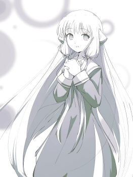 Rule 34 | 1girl, android, chii, chobits, commentary request, cowboy shot, dress, greyscale, hair tubes, highres, light smile, long hair, long sidelocks, looking at viewer, low-tied sidelocks, monochrome, no pupils, own hands clasped, own hands together, parted lips, persocom (chobits), platinum (mantafriend), robot ears, sidelocks, solo, standing, very long hair