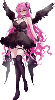 1girl absurdres bare_arms bare_shoulders black_dress black_thighhighs black_wings breasts choker cleavage collarbone disgustingtokki dorothy_(nikke) dorothy_(nostalgia)_(nikke) dress empty_eyes flower flower-shaped_hair frilled_dress frills goddess_of_victory:_nikke hair_bun hair_intakes highres large_breasts long_hair looking_at_viewer official_alternate_costume pink_hair purple_eyes shaded_face single_hair_bun single_side_bun sleeveless smile solo thigh_strap thighhighs very_long_hair wings