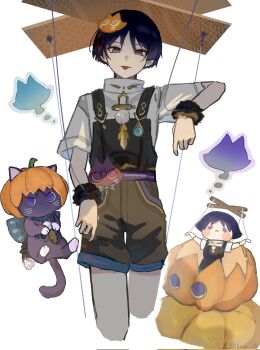 1boy :p animalization arm_at_side black_hair black_overalls blue_gemstone blue_trim blunt_ends casual cat cat_hair_ornament character_doll contemporary cropped_legs doll feathers fur_wrist_cuffs gem genshin_impact gold grey_eyes grey_pupils hage_80 hair_ornament halloween halloween_costume hand_up highres jack-o&#039;-lantern looking_at_viewer male_focus marionette marionette_controller official_alternate_costume overalls person_and_animalization pom_pom_(clothes) pumpkin_hat puppet purple_cat scaramouche_(cat)_(genshin_impact) scaramouche_(genshin_impact) shirt short_sleeves tongue tongue_out wanderer_(genshin_impact) white_shirt white_sleeves wispy_bangs wrist_cuffs yellow_feathers