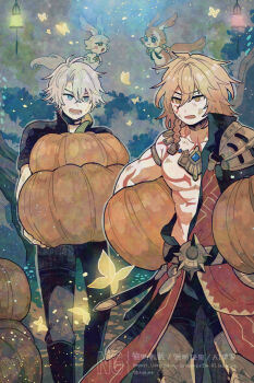 Rule 34 | 2boys, antenna hair, arm tattoo, armlet, armor, black choker, black coat, black pants, black shirt, blonde hair, blue eyes, braid, chest tattoo, choker, coat, commentary, earrings, facial tattoo, gold earrings, gold necklace, gradient hair, holding, holding pumpkin, honkai: star rail, honkai (series), jewelry, leg armor, male focus, medium hair, miwawa, multicolored hair, multiple boys, mydei (honkai: star rail), neck tattoo, necklace, open clothes, open coat, pants, parted bangs, pauldrons, phainon (honkai: star rail), pumpkin, red hair, red tattoo, shirt, short hair, shoulder armor, side braid, single pauldron, sun symbol, sun tattoo, tan, tattoo, untranslatable commentary, watermark, white hair, yellow eyes